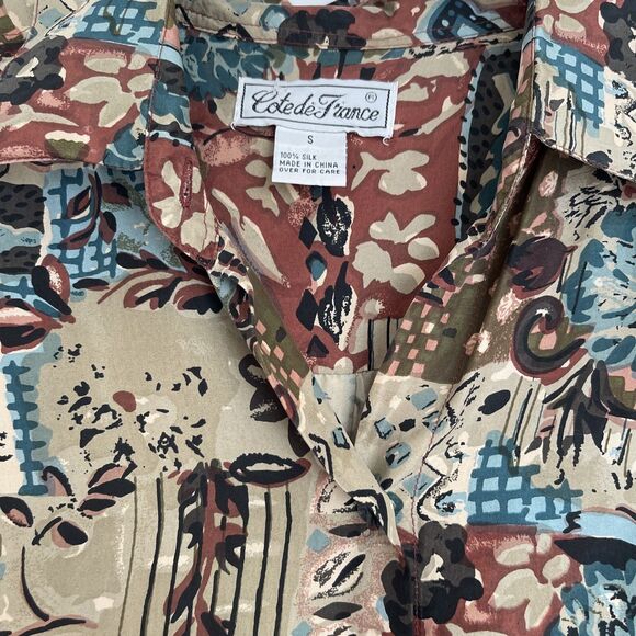 Vintage Womens Cote de France Silk Button Blouse Long Sleeve Brown Multi Sz S - Picture 2 of 13
